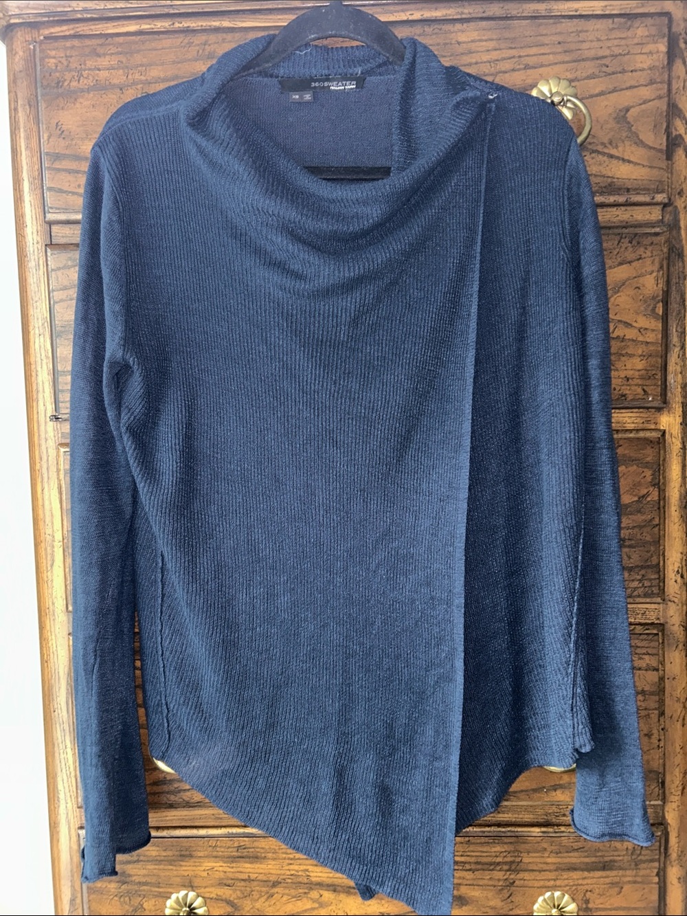 360 Sweater 100% Linen Navy Ribbed Asymmetrical Cowl Neck Sweater, Size XS